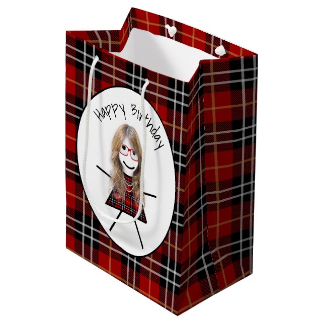Birthday Stick Girl on Tartan Plaid  Medium Gift Bag (Front Angled)
