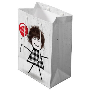 Birthday Stick Girl with Balloon on Wood   Medium Gift Bag