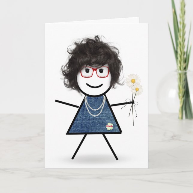 Birthday Stick Girl with Daisies Card (Front)