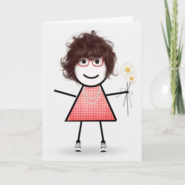 Birthday Stick Girl With Daisies Card (Front)
