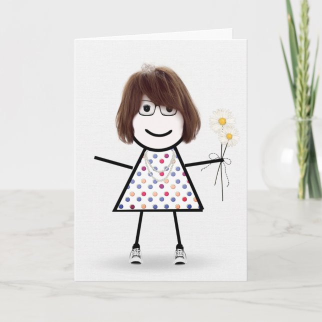 Birthday Stick Girl With Daisies  Card (Front)