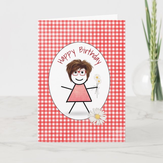 Birthday Stick Girl with Daisies Card (Front)