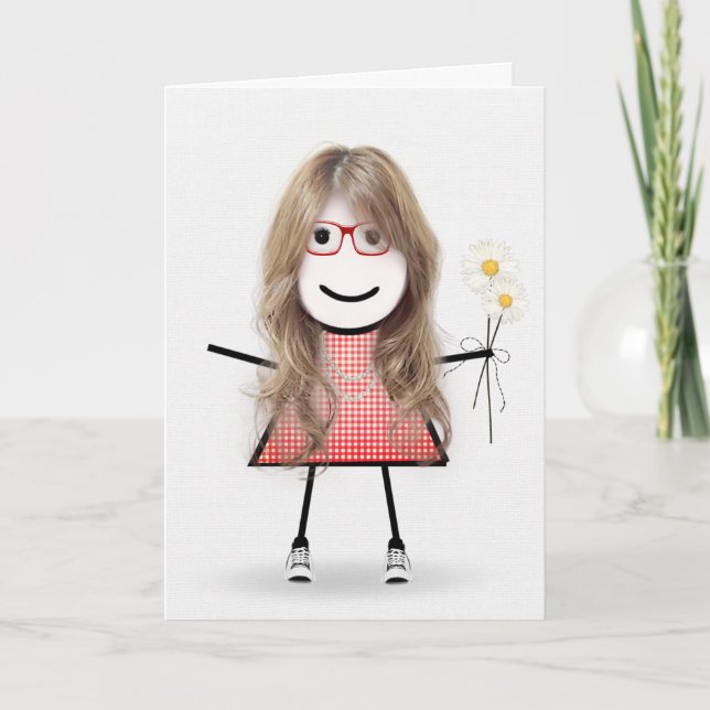 Birthday Stick Girl With Daisies Card (Front)