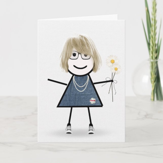 Birthday Stick Girl With Daisies Card (Front)