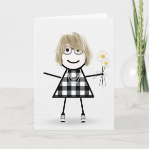Birthday Stick Girl With Daisies  Card