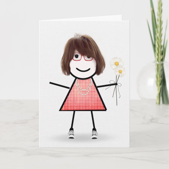 Birthday Stick Girl With Daisies Card (Front)