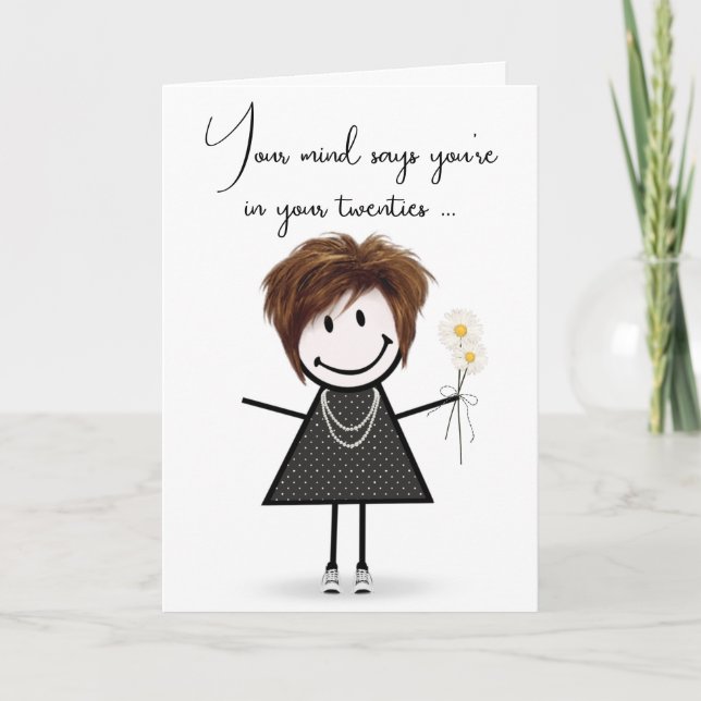 Birthday Stick Girl with Daisy Bouquet Card (Front)