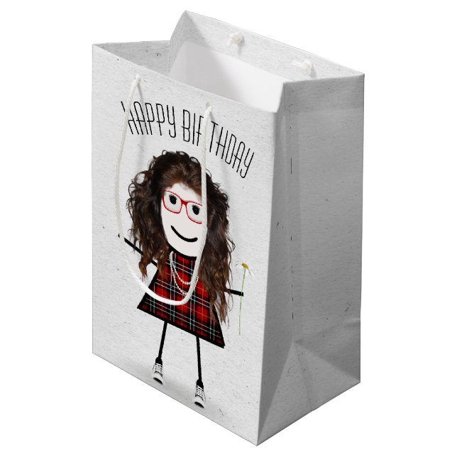 Birthday Stick Girl with Daisy Medium Gift Bag (Front Angled)