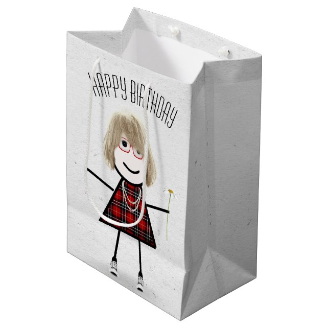 Birthday Stick Girl with Daisy   Medium Gift Bag (Front Angled)