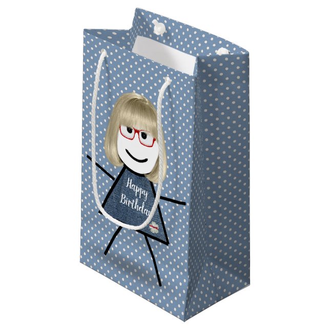 Birthday Stick Girl With Hair on Dots   Small Gift Bag (Front Angled)