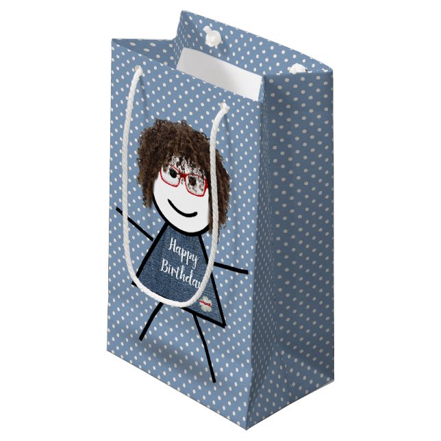 Birthday Stick Girl With Hair on Dots Small Gift Bag (Front Angled)