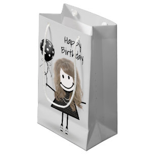 Birthday Stick Girl with Polka Dot Balloon Small Gift Bag
