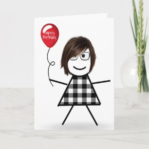Birthday Stick Girl with Red Balloon  Card