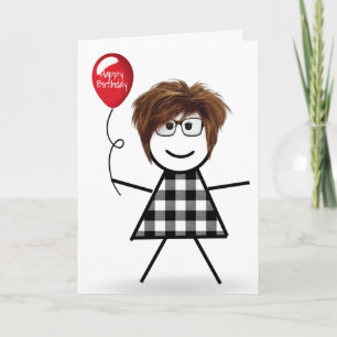 Birthday Stick Girl with Red Balloon  Card
