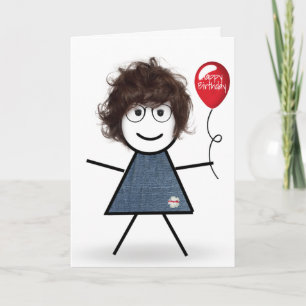 Birthday Stick Girl with Red Balloon Card