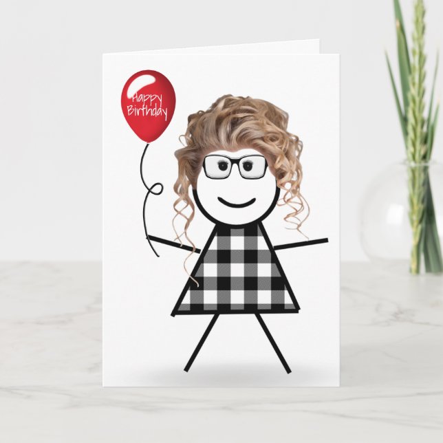 Birthday Stick Girl with Red Balloon Card (Front)