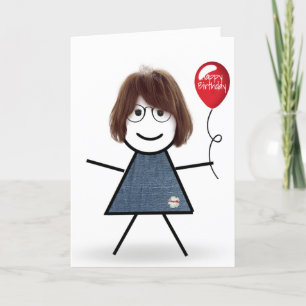 Birthday Stick Girl with Red Balloon Card