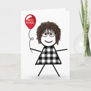 Birthday Stick Girl with Red Balloon  Card