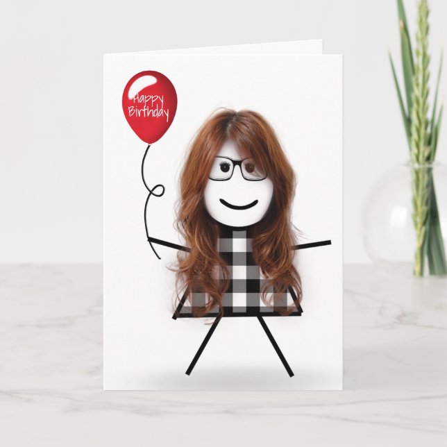 Birthday Stick Girl with Red Balloon Card (Front)