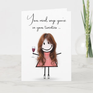 Birthday Stick Girl with Red Wine Card