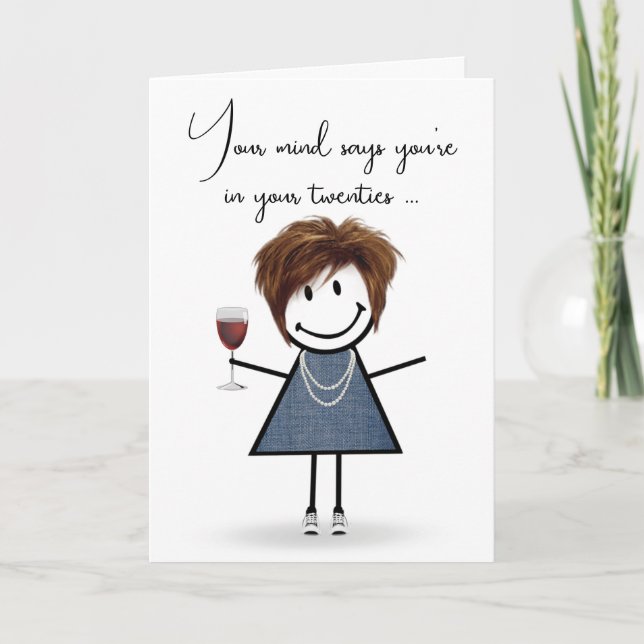Birthday Stick Girl with Wine Glass  Card (Front)