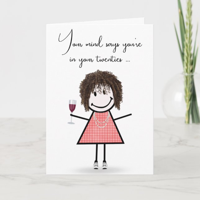Birthday Stick Girl with Wine Glass  Card (Front)
