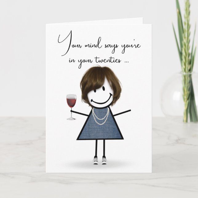 Birthday Stick Girl with Wine Glass  Card (Front)