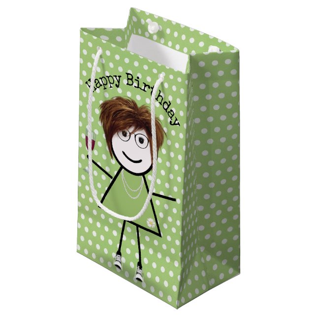 Birthday Stick Girl with Wine Glass Small Gift Bag (Front Angled)