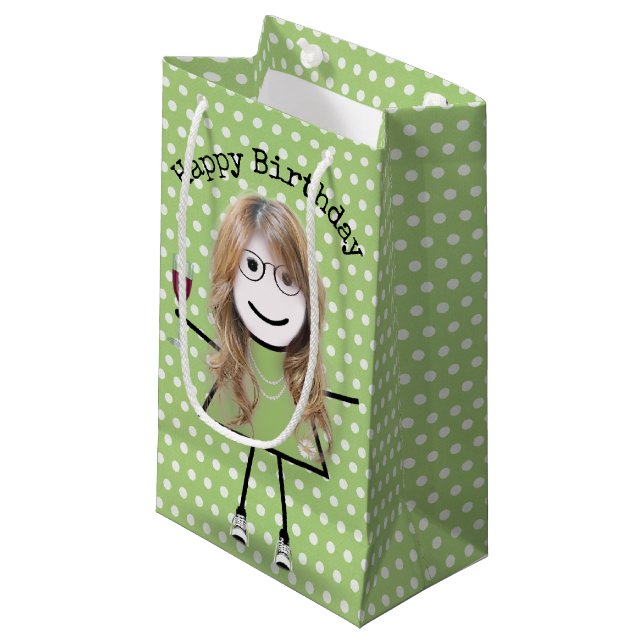 Birthday Stick Girl with Wine Glass   Small Gift Bag (Front Angled)