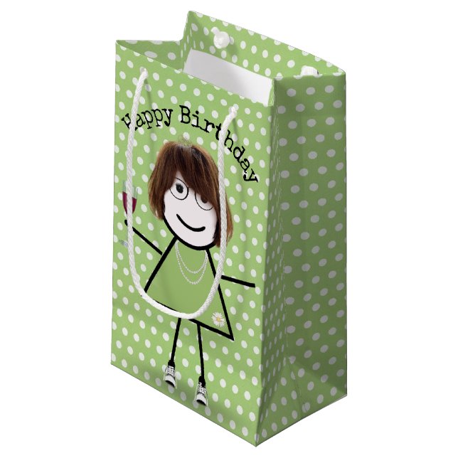 Birthday Stick Girl with Wine Glass  Small Gift Bag (Front Angled)