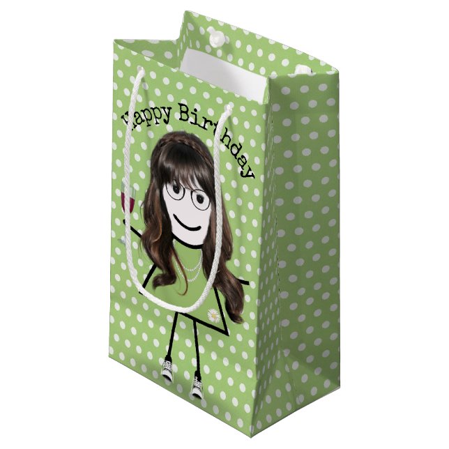 Birthday Stick Girl with Wine Glass    Small Gift Bag (Front Angled)