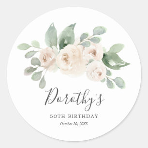 Birthday Sticker Custom 50th White Rose Floral 