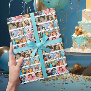 Birthday Stripe Photo Collage Wrapping Paper