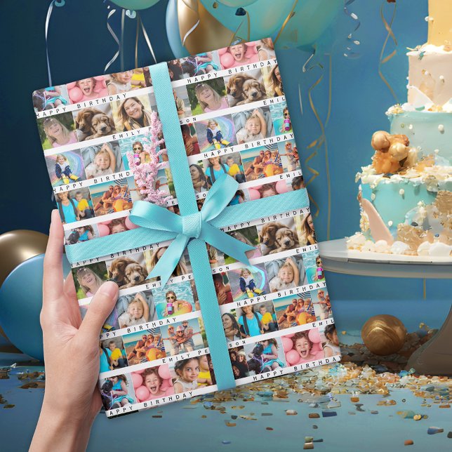 Birthday Stripe Photo Collage  Wrapping Paper (Creator Uploaded)