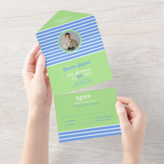 Birthday Stripes Blue⎮White Green All In One Invitation (Tearaway)