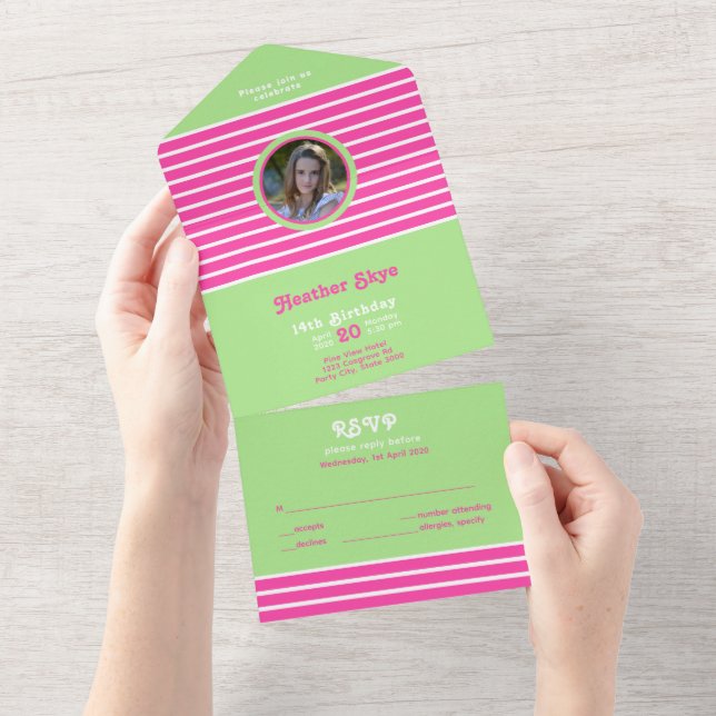 Birthday Stripes Pink⎮White Green All In One Invitation (Tearaway)
