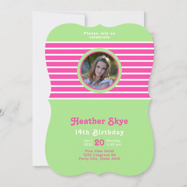 Birthday Stripes Pink⎮White Green  Invitation (Front)