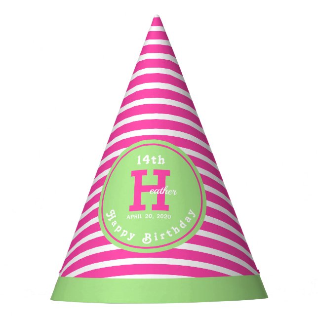 Birthday Stripes Pink⎮White Green Party Hat (Front)