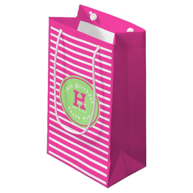Birthday Stripes Pink⎮White Green Small Gift Bag (Front Angled)