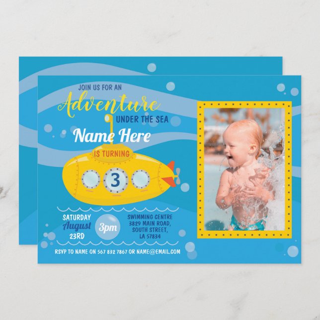 Birthday Submarine Swimming Party Photo Invite (Front/Back)