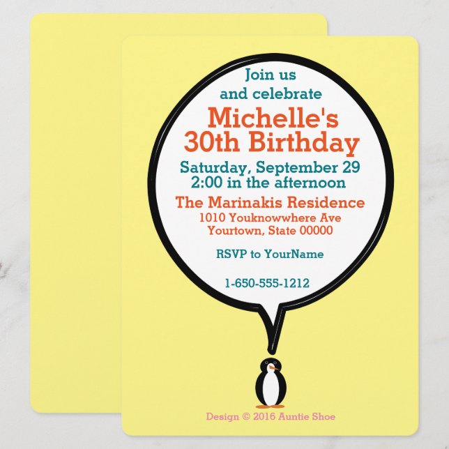 Birthday Suit Talking Ms. Penguin Personalised Invitation (Front/Back)