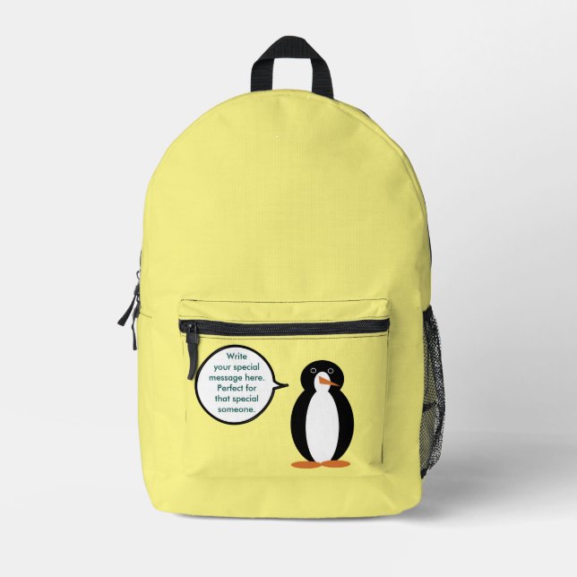 Birthday Suit Talking Ms. Penguin Personalised Printed Backpack (Front)