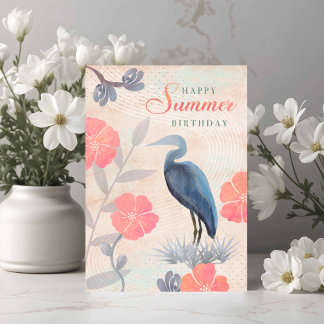 Birthday Summer Leaves Flowers and Heron  Card