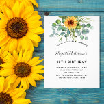 Birthday sunflower eucalyptus budget invitation flyer<br><div class="desc">Please note that this invitation is on flyer paper and very thin. Envelopes are not included. For thicker invitations (same design) please visit our store. 

For a 40th (or any age) birthday party. A white background decorated with watercolored sunflowers,  eucalyptus greenery.  Personalize and add your name and party details.</div>