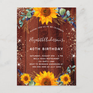 Birthday sunflower eucalyptus rustic brown wood invitation postcard