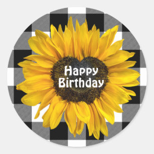 Birthday Sunflower Heart on Buffalo Plaid  Classic Round Sticker