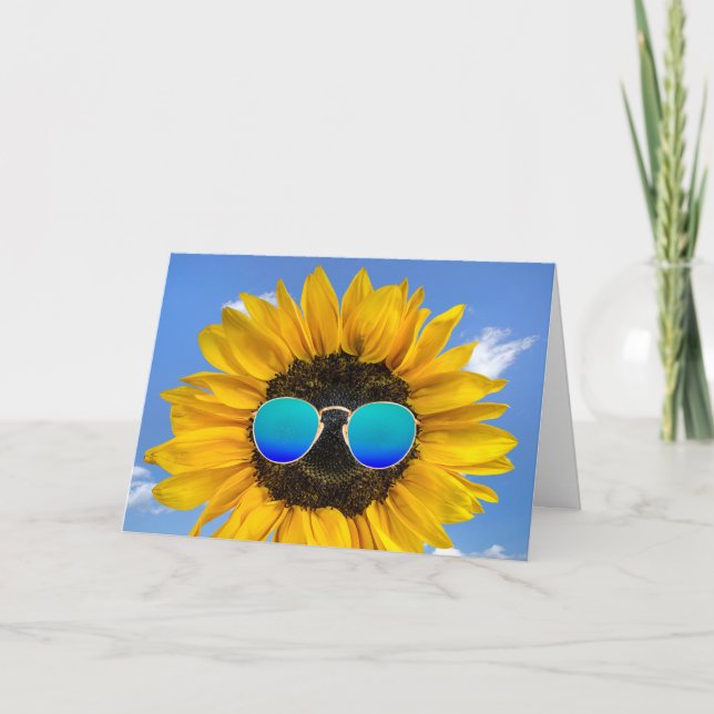 Birthday Sunflower with Retro Sunglasses  Card (Front)
