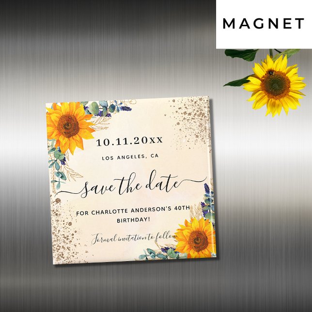 Birthday sunflowers eucalyptus gold save the date magnet (Creator Uploaded)