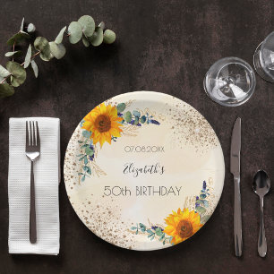 Birthday sunflowers eucalyptus greenery glitter paper plate