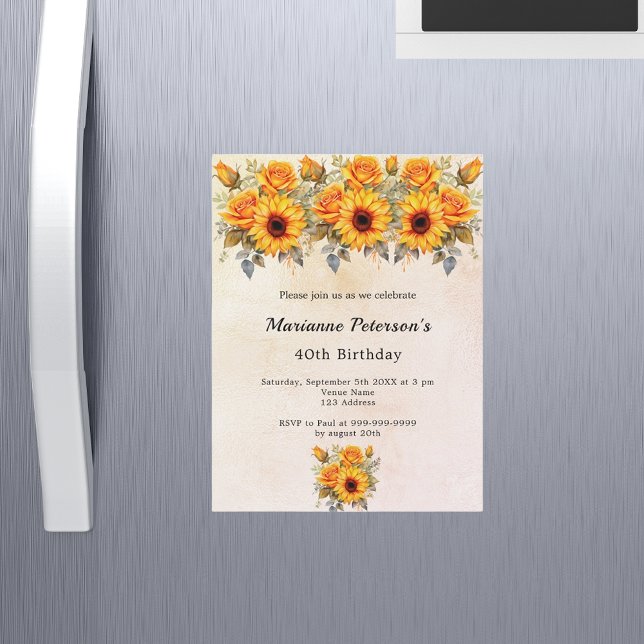 Birthday sunflowers greenery rustic yellow magnetic invitation (Creator Uploaded)